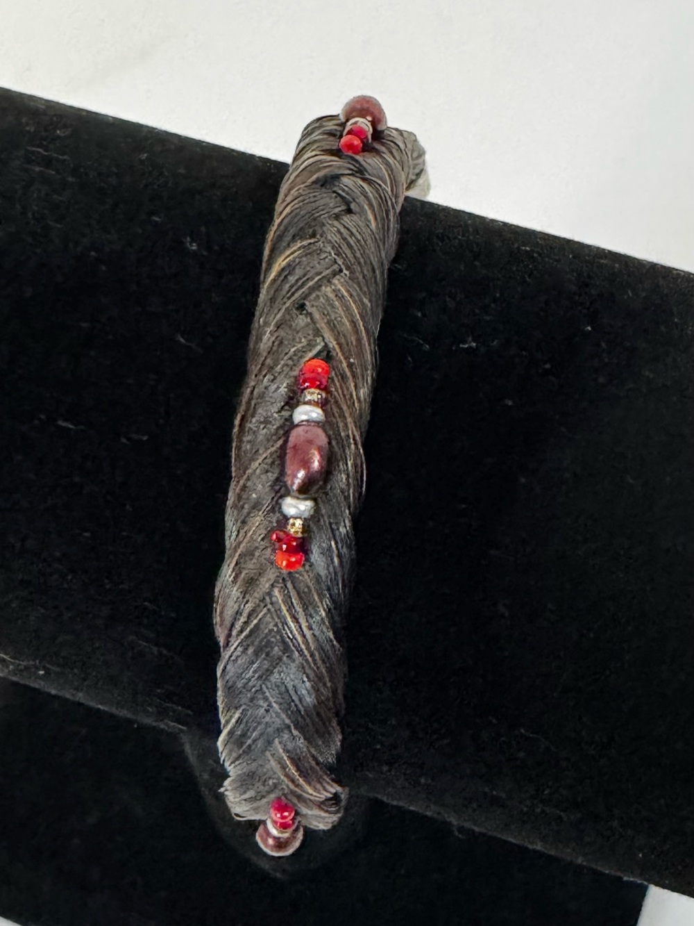 Handwoven Dark Brown Genuine Horse Hair Bracelet with Red Bead Accents